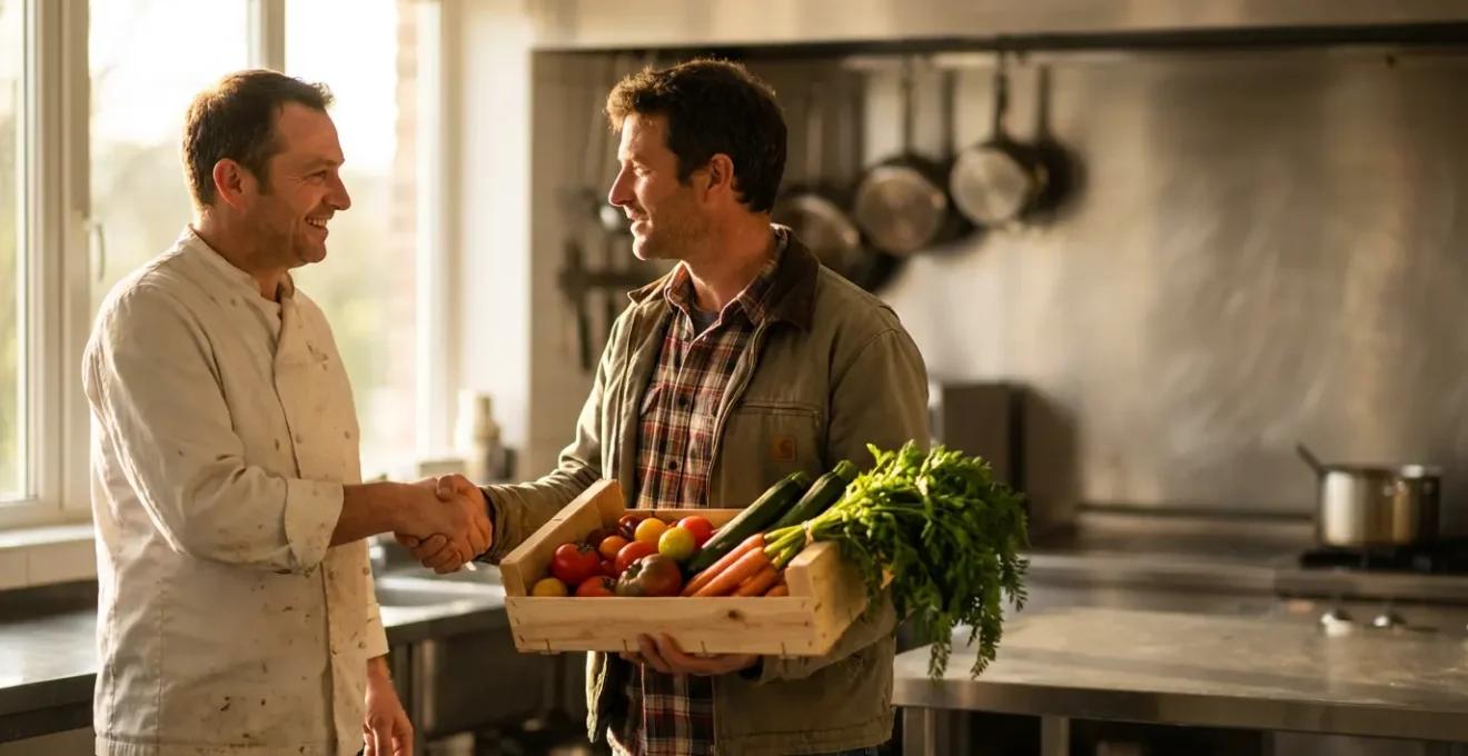 Chef et maraîcher échangeant des légumes frais dans une cuisine de restaurant