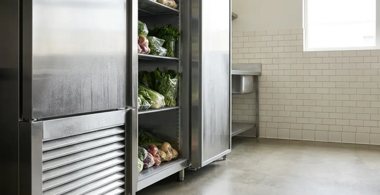 Armoire réfrigérée professionnelle en acier inoxydable dans une cuisine de restaurant avec condenseur visible