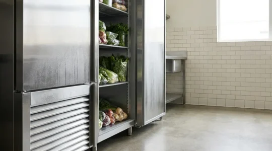 Armoire réfrigérée professionnelle en acier inoxydable dans une cuisine de restaurant avec condenseur visible