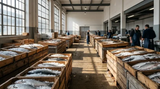 Vue d'une criée aux poissons avec des caisses de poissons frais sur glace à l'aube