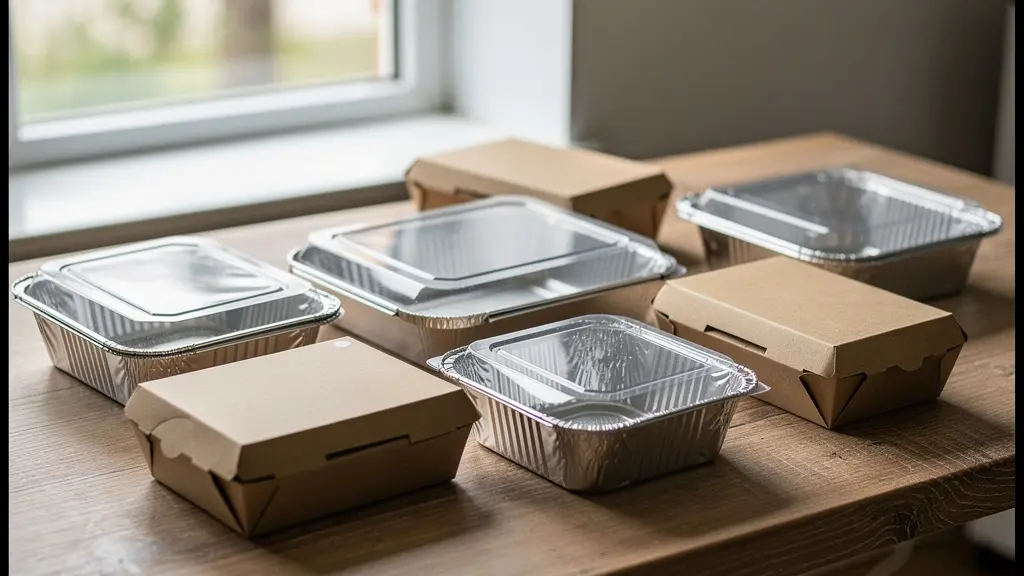 Assortiment de barquettes alimentaires aluminium carton et plastique sur table