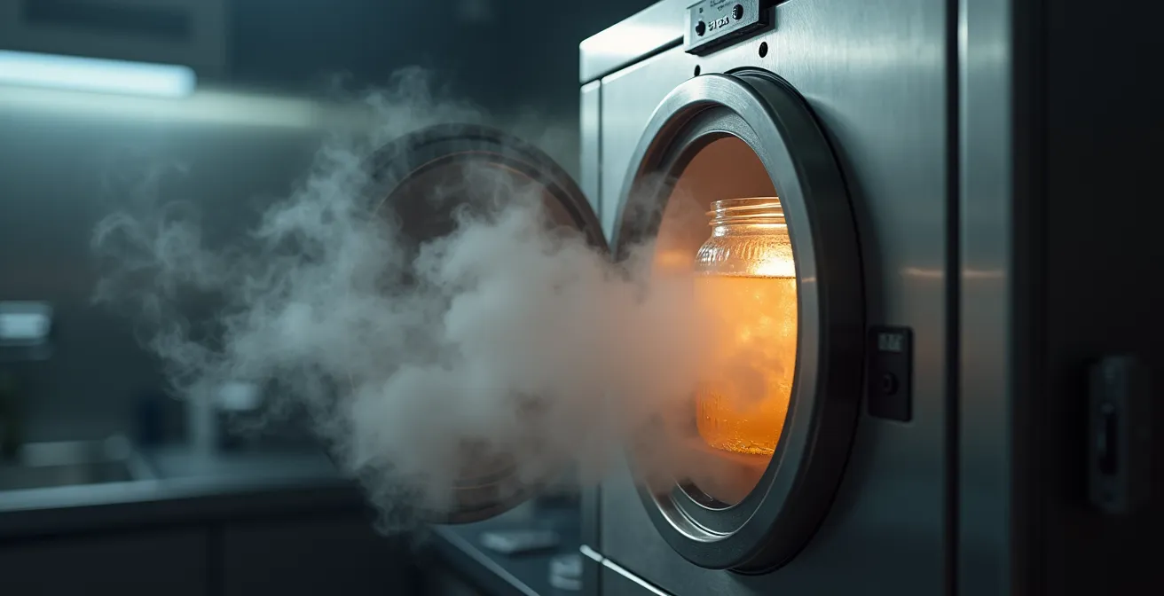 Autoclave de paillasse professionnel avec bocaux en verre à l'intérieur, vapeur visible