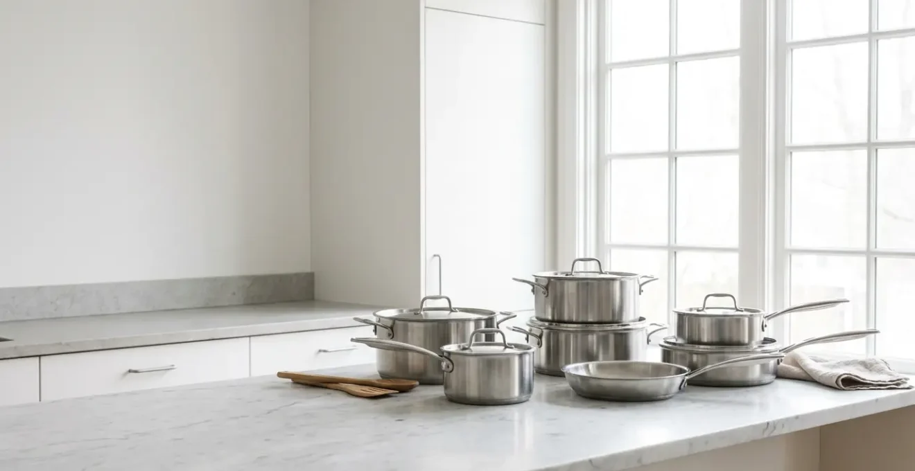 Ensemble de casseroles et poêles en inox 18/10 brillant sous lumière naturelle