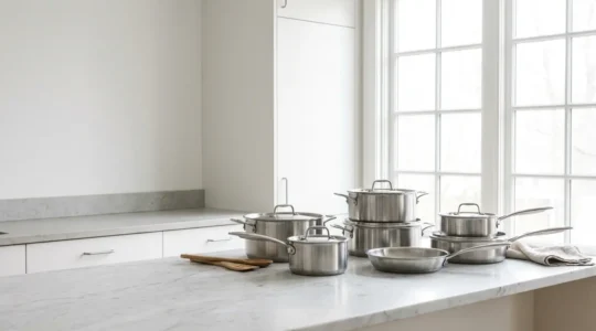 Ensemble de casseroles et poêles en inox 18/10 brillant sous lumière naturelle