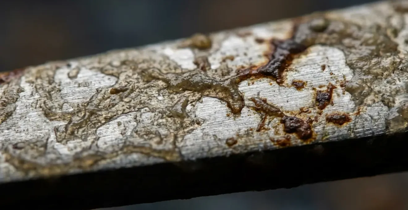 Vue microscopique d'un biofilm bactérien sur une surface métallique avec texture visible