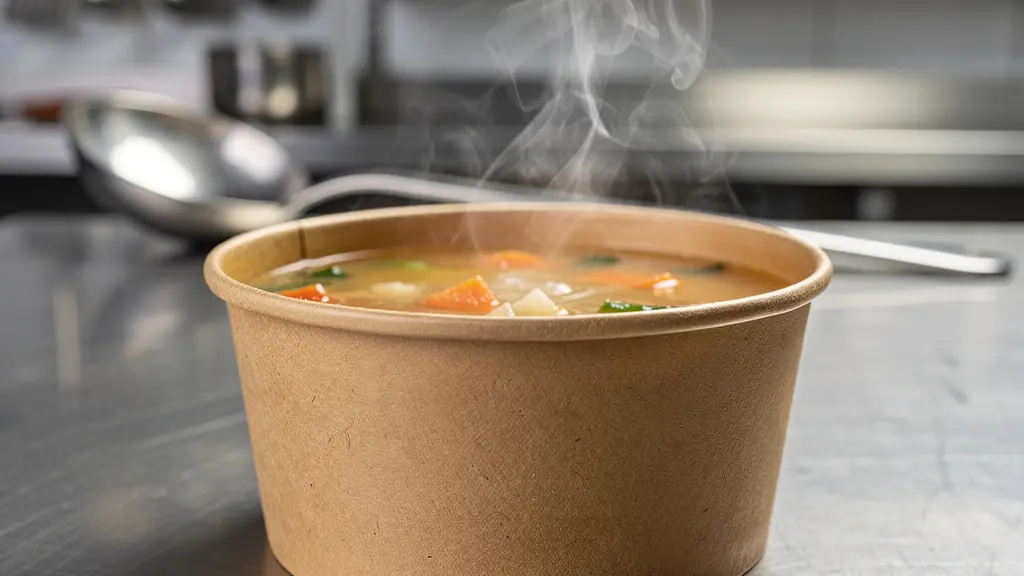 Bol kraft contenant une soupe chaude avec vapeur visible en cuisine professionnelle