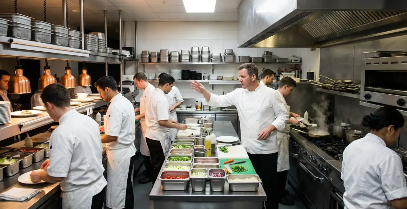 Une brigade de cuisine en pleine action durant un service intense, avec des gestes précis de communication non verbale