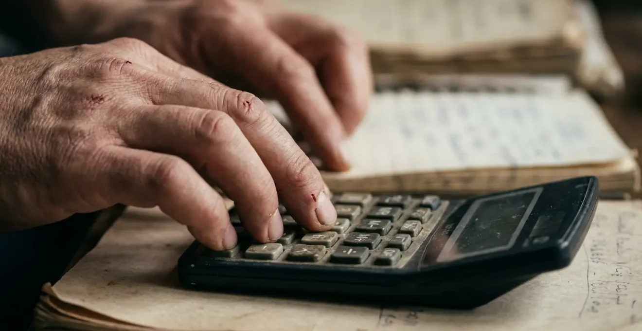 Gros plan sur des mains calculant les coûts avec une calculatrice professionnelle et des factures floues en arrière-plan
