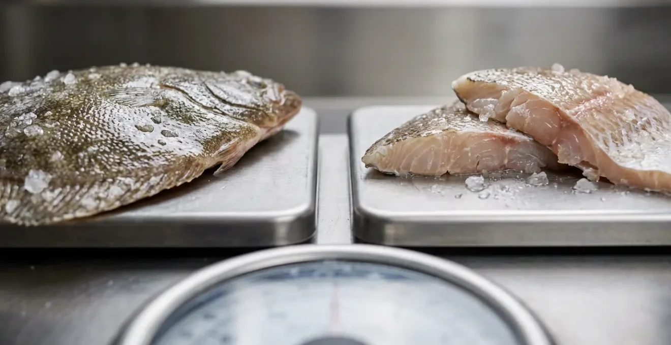 Gros plan sur une balance professionnelle avec turbot entier et filets séparés illustrant le rendement