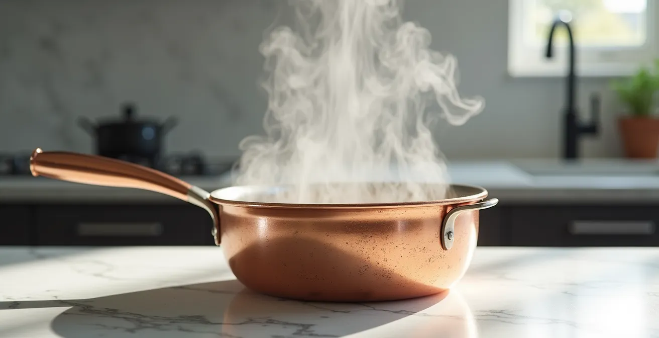 Casserole en cuivre posée sur plan de travail en marbre avec vapeur s'échappant