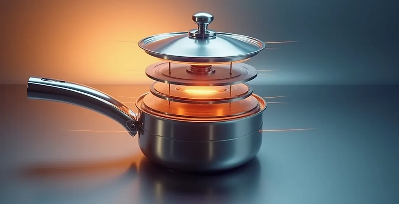 Vue en coupe d'une casserole multicouche montrant les différentes couches de métal