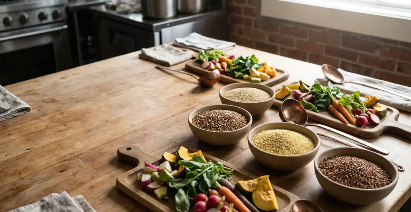 Composition culinaire de céréales anciennes préparées avec légumes de saison en restaurant gastronomique