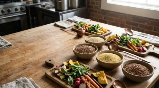 Composition culinaire de céréales anciennes préparées avec légumes de saison en restaurant gastronomique