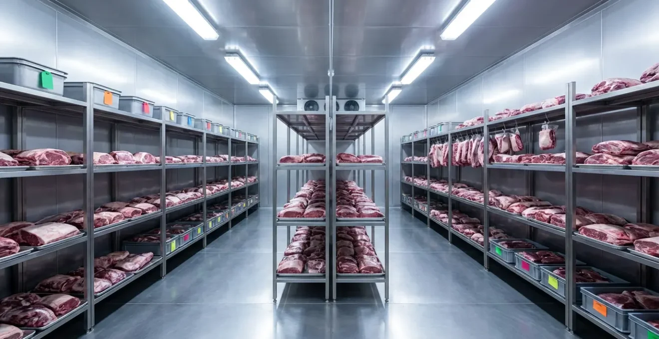 Vue large d'une chambre froide de restaurant professionnelle avec système de rangement organisé pour différentes pièces de viande