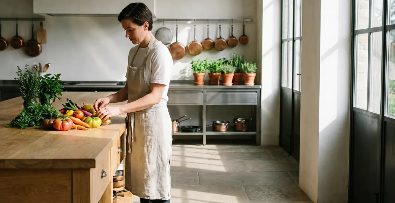 Chef cuisine créatif travaillant avec ingrédients locaux dans une ambiance minimaliste