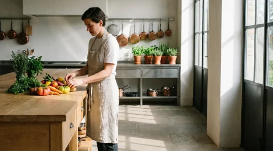 Chef cuisine créatif travaillant avec ingrédients locaux dans une ambiance minimaliste