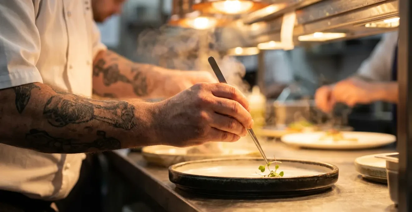 Chef professionnel en pleine action de dressage avec pince de précision sur une assiette gastronomique
