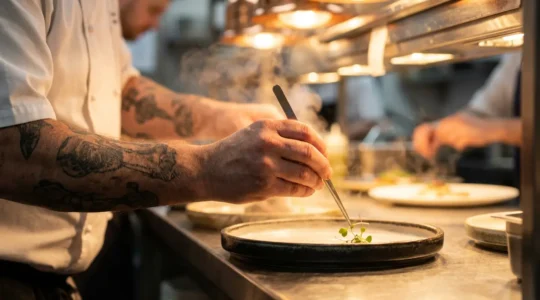 Chef professionnel en pleine action de dressage avec pince de précision sur une assiette gastronomique