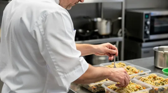 Cuisinier professionnel préparant des barquettes alimentaires pour la livraison en cuisine