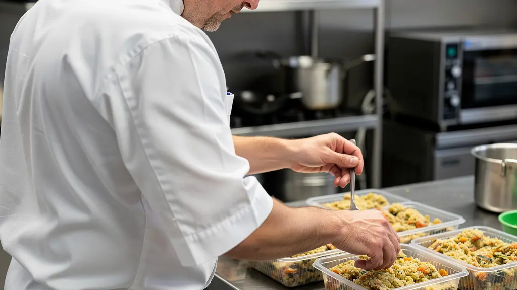 Cuisinier professionnel préparant des barquettes alimentaires pour la livraison en cuisine