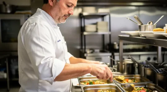 Chef préparant commande vente à emporter dans contenants alimentaires réutilisables en inox