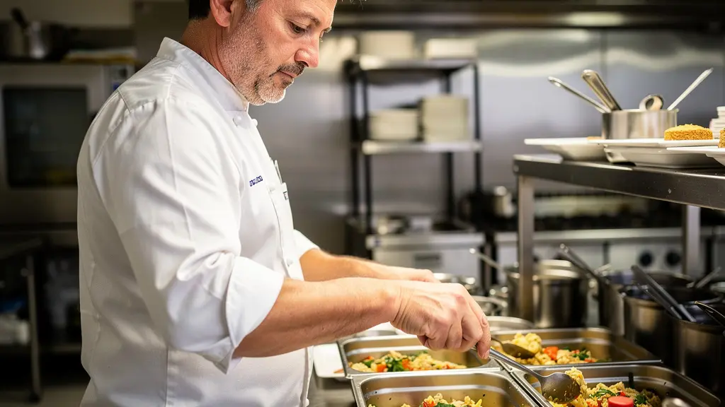 Chef préparant commande vente à emporter dans contenants alimentaires réutilisables en inox