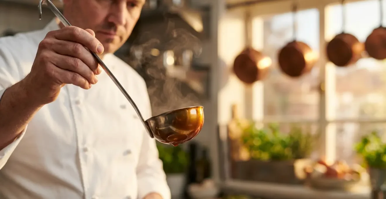 Chef en cuisine professionnelle dégustant une sauce de fond de veau maison dans une cuillère en inox