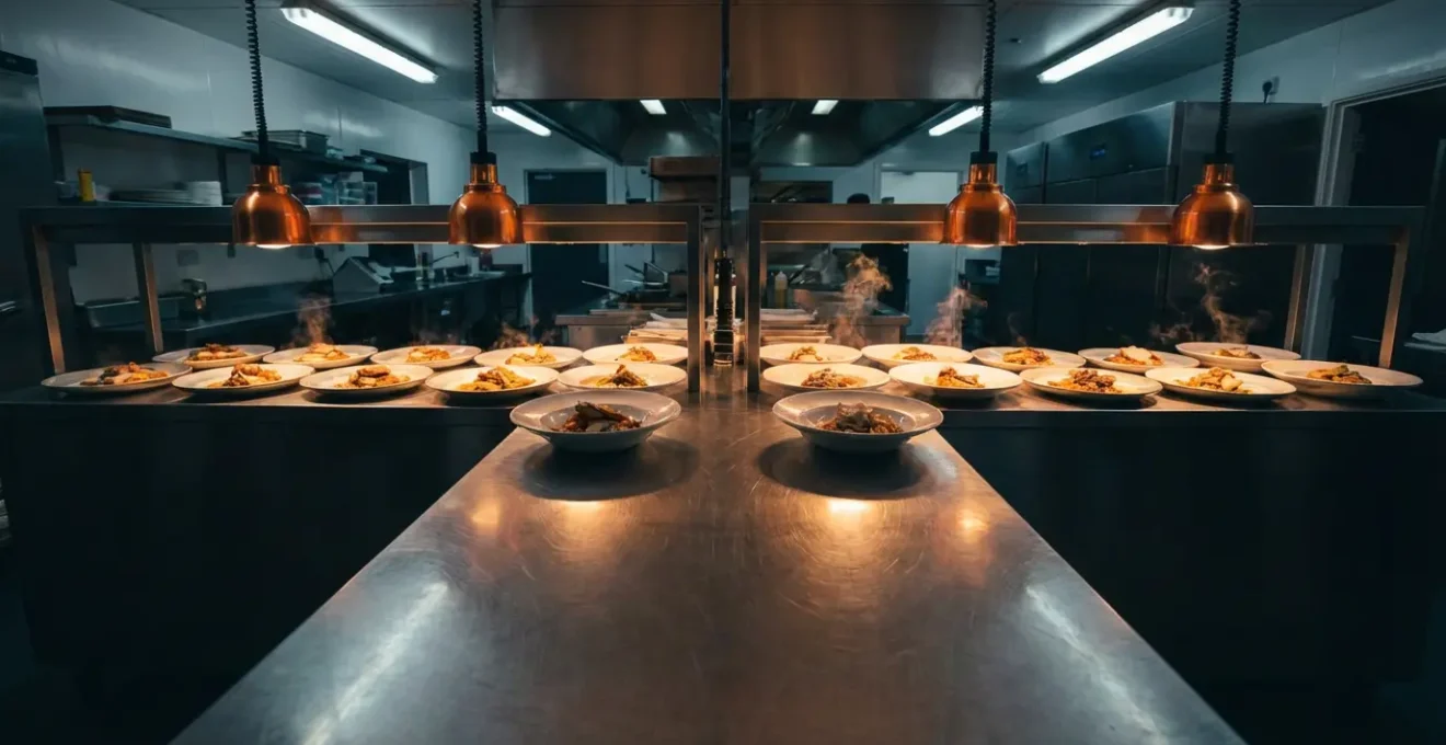 Vue aérienne d'un passe-plat professionnel avec assiettes sous lampes chauffantes