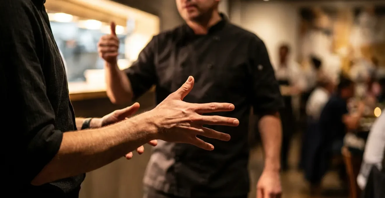 Serveur utilisant un geste de la main pour communiquer avec la cuisine