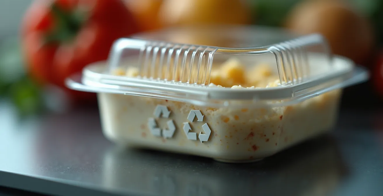 Gros plan macro sur les codes de recyclage gravés sous un bac gastronorme