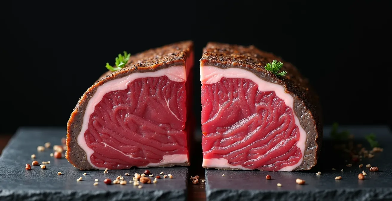 Coupe transversale de deux filets de bœuf montrant la différence de cuisson uniforme