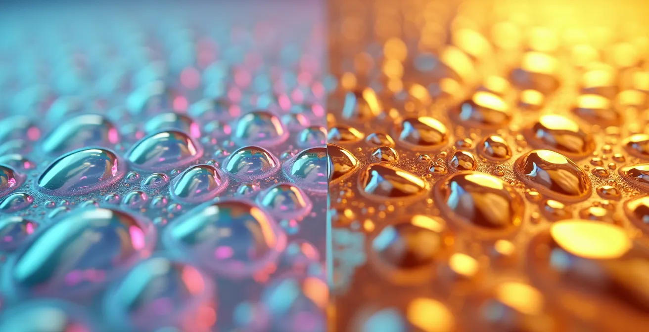 Comparaison microscopique de la structure moléculaire des films PVC et PE montrant la migration des plastifiants.