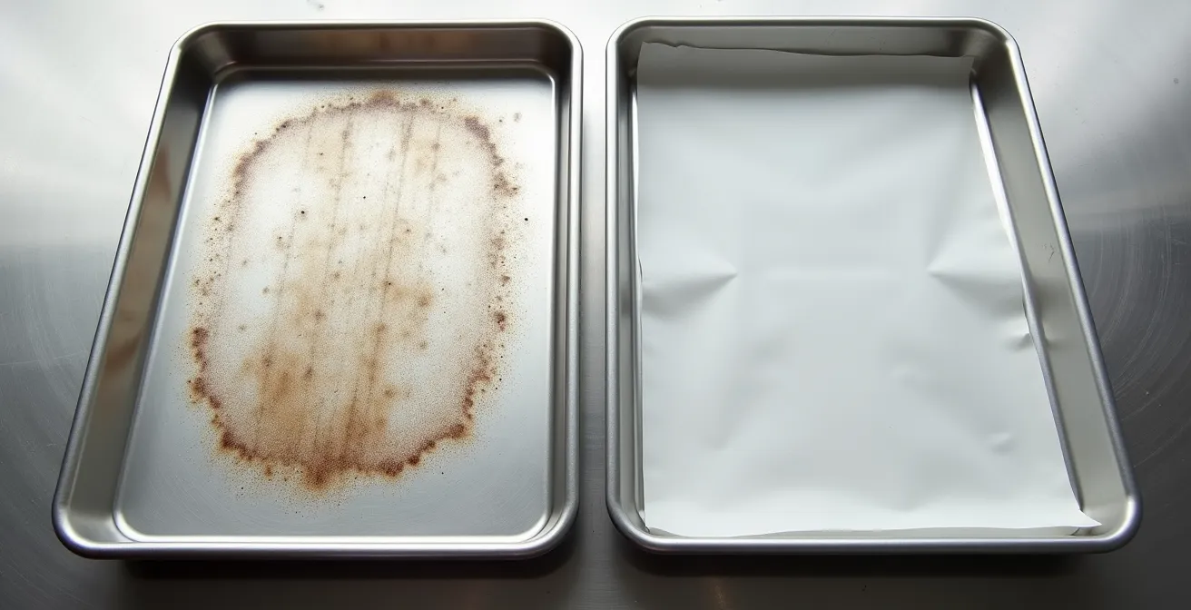 Comparaison visuelle de deux plaques de cuisson professionnelles montrant la différence d'usure avec et sans papier siliconé