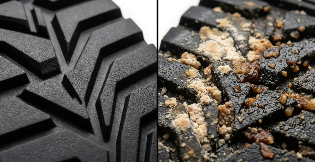 Comparaison macro de crampons de semelles neufs versus encrassés