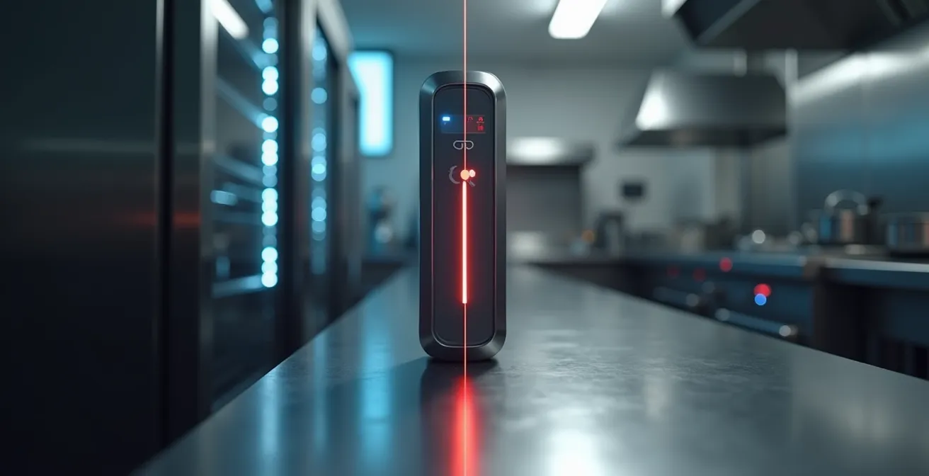 Comparaison visuelle entre une sonde intégrée dans une chambre froide et un thermomètre manuel professionnel