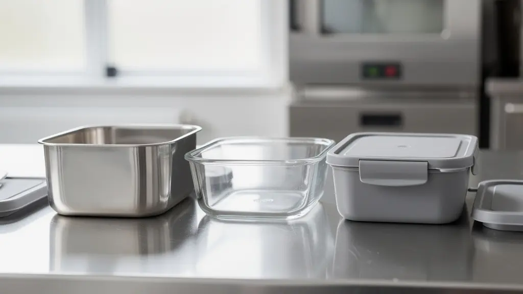 Gamme de contenants alimentaires réutilisables en inox verre et plastique recyclé alignés sur plan de travail