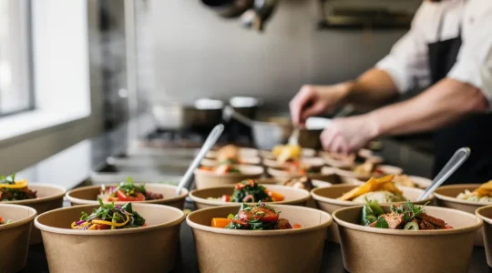 Comptoir de restaurant avec bols carton kraft remplis de plats colorés prêts pour la vente à emporter