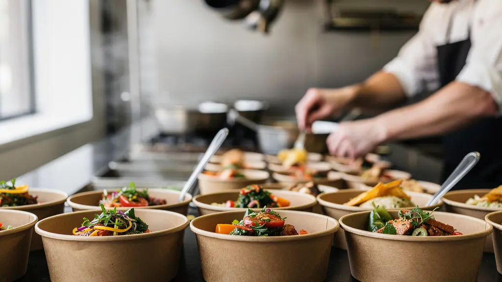 Comptoir de restaurant avec bols carton kraft remplis de plats colorés prêts pour la vente à emporter