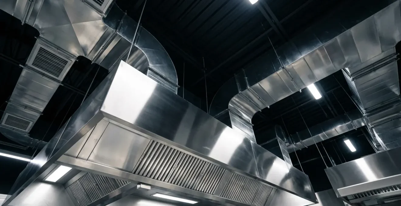 Vue en contre-plongée des conduits d'extraction brillants et propres dans une cuisine professionnelle, avec effet de profondeur et jeux de lumière