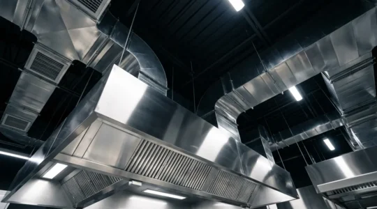 Vue en contre-plongée des conduits d'extraction brillants et propres dans une cuisine professionnelle, avec effet de profondeur et jeux de lumière