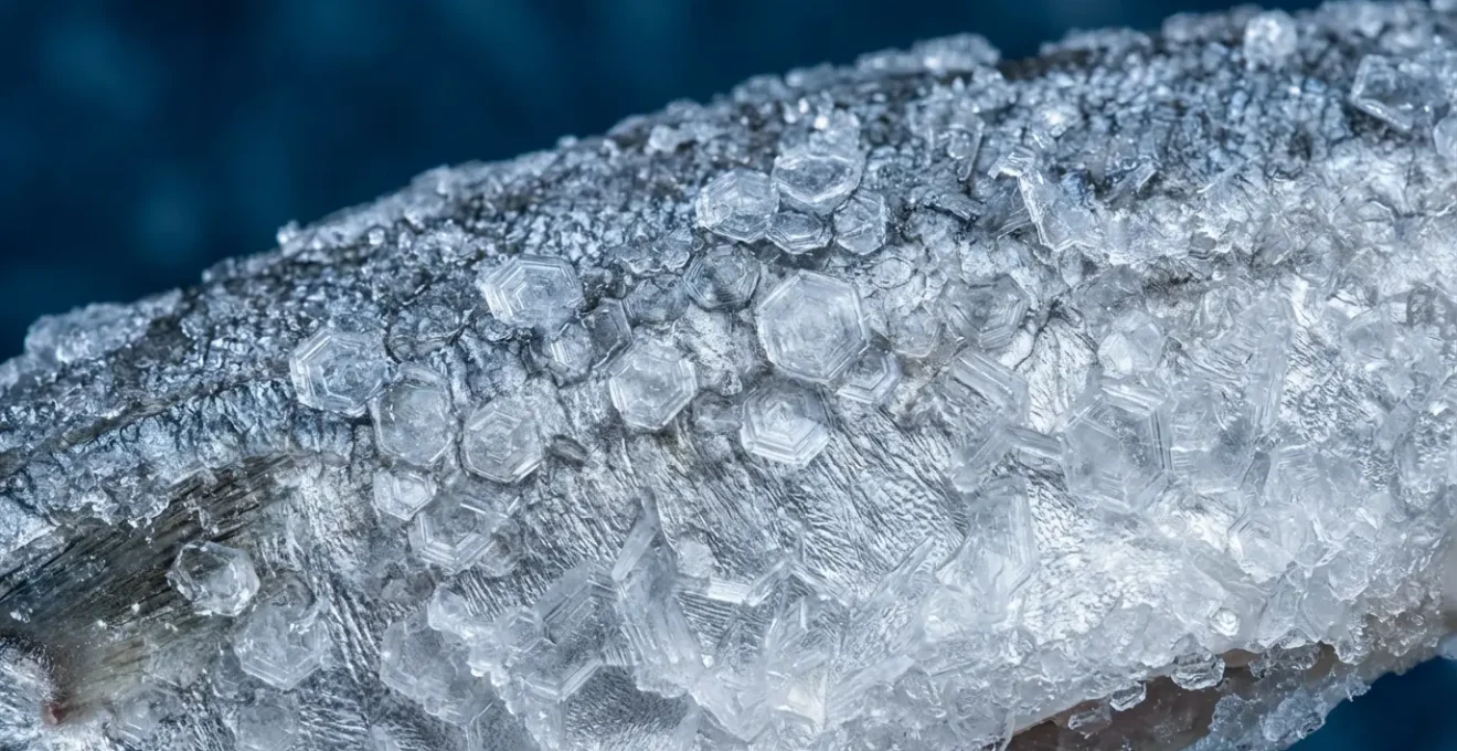 Macro détaillée de cristaux de glace sur filet de poisson en congélation professionnelle