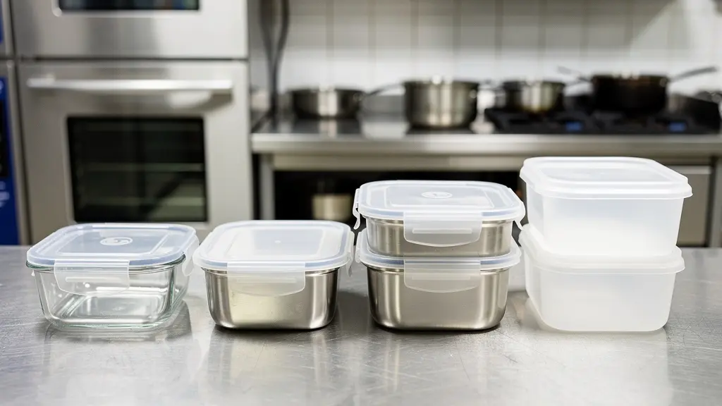 Rangée de contenants alimentaires réutilisables verre inox plastique durable sur plan de travail cuisine professionnelle