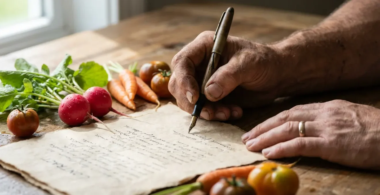 Mains de chef et maraîcher signant un contrat sur une table en bois avec légumes de saison