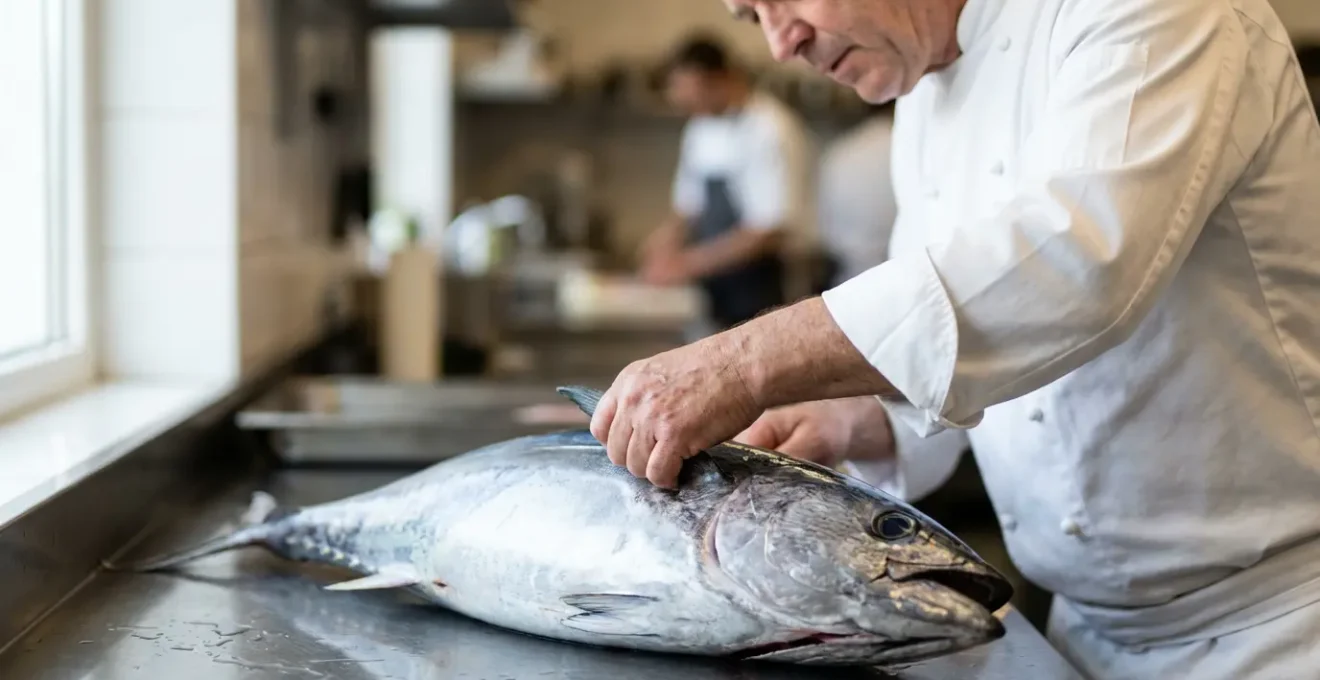 Inspection minutieuse des ouïes d'un poisson frais par un chef en cuisine