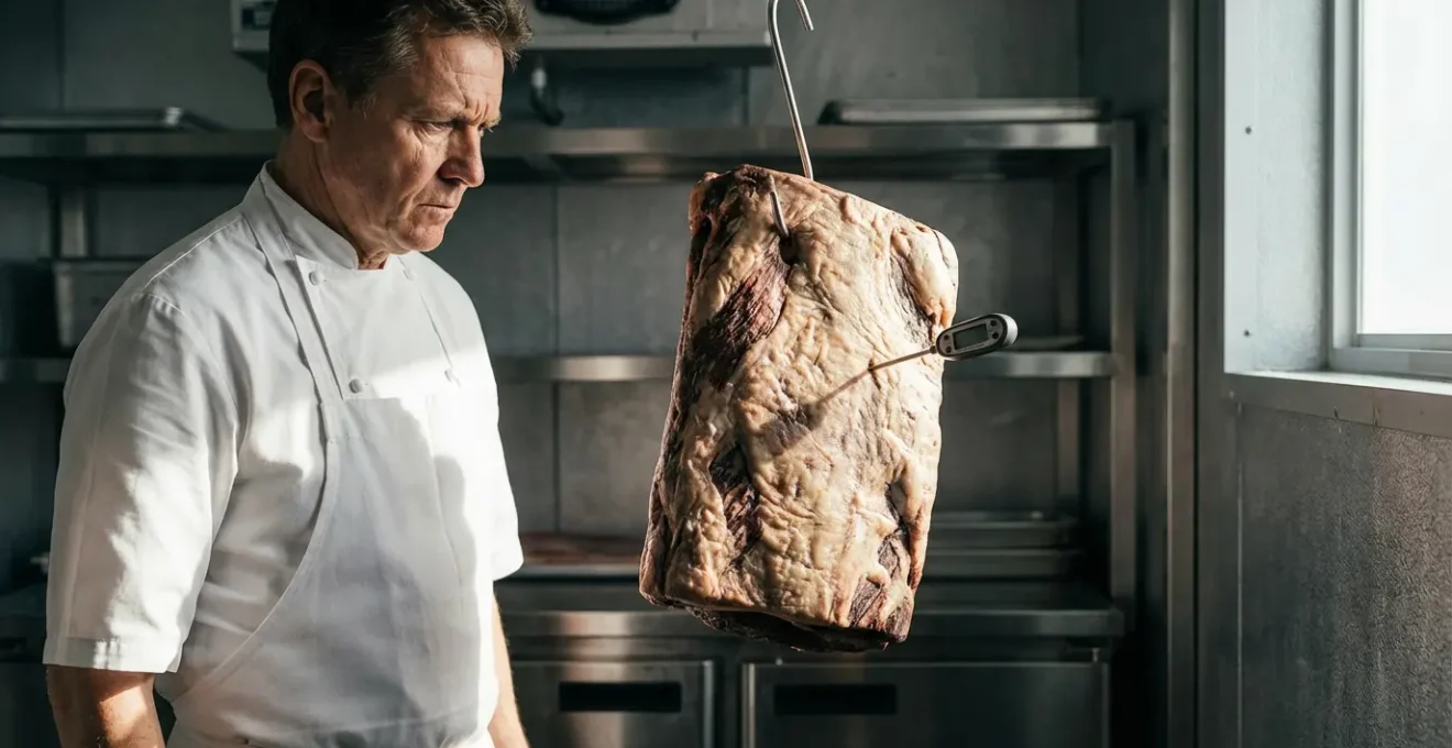 Chef expérimenté inspectant minutieusement une pièce de bœuf maturée avec une sonde thermique dans une chambre froide de restaurant