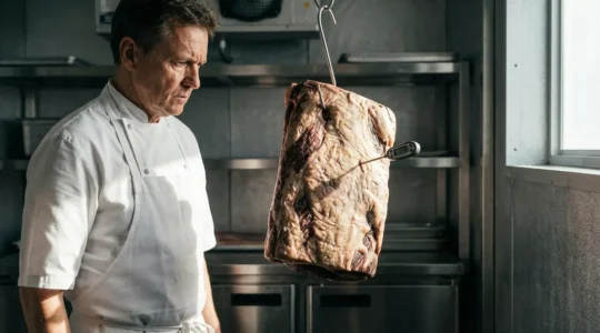 Chef expérimenté inspectant minutieusement une pièce de bœuf maturée avec une sonde thermique dans une chambre froide de restaurant