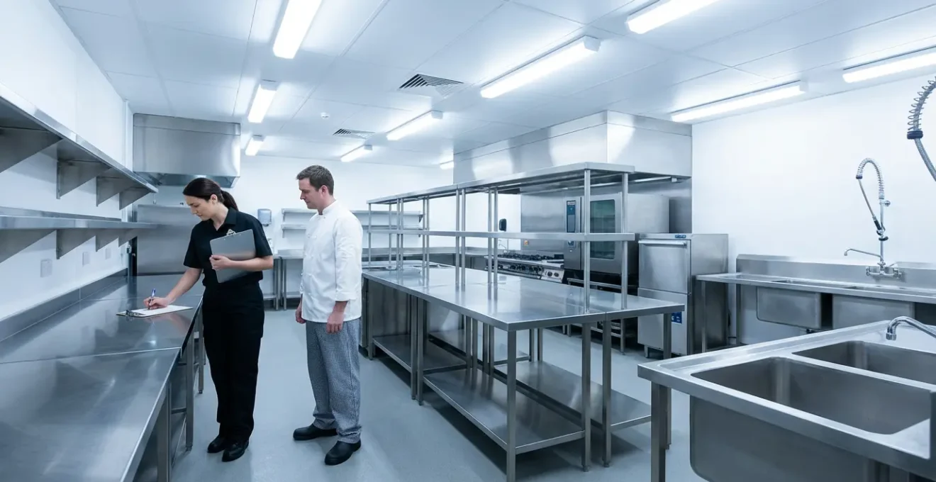 Cuisine professionnelle de restaurant lors d'un contrôle sanitaire avec inspecteur et chef cuisinier