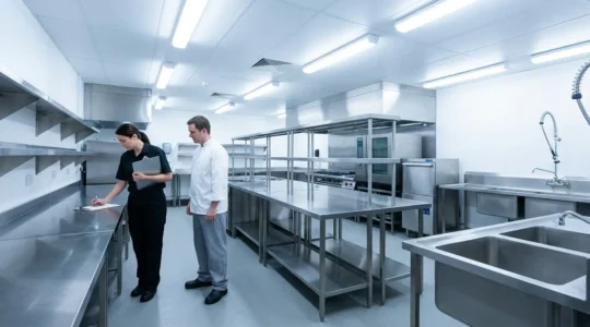 Cuisine professionnelle de restaurant lors d'un contrôle sanitaire avec inspecteur et chef cuisinier