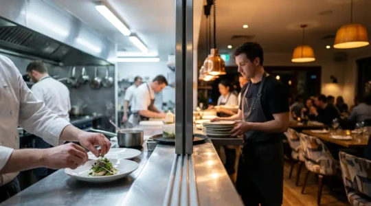 Vue panoramique d'un service restaurant avec équipes cuisine et salle travaillant en harmonie