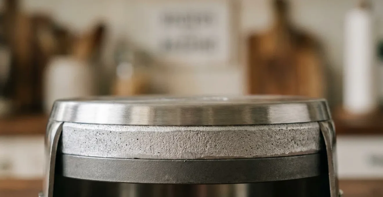 Vue en coupe macro d'un fond multicouche montrant les trois couches inox-aluminium-inox